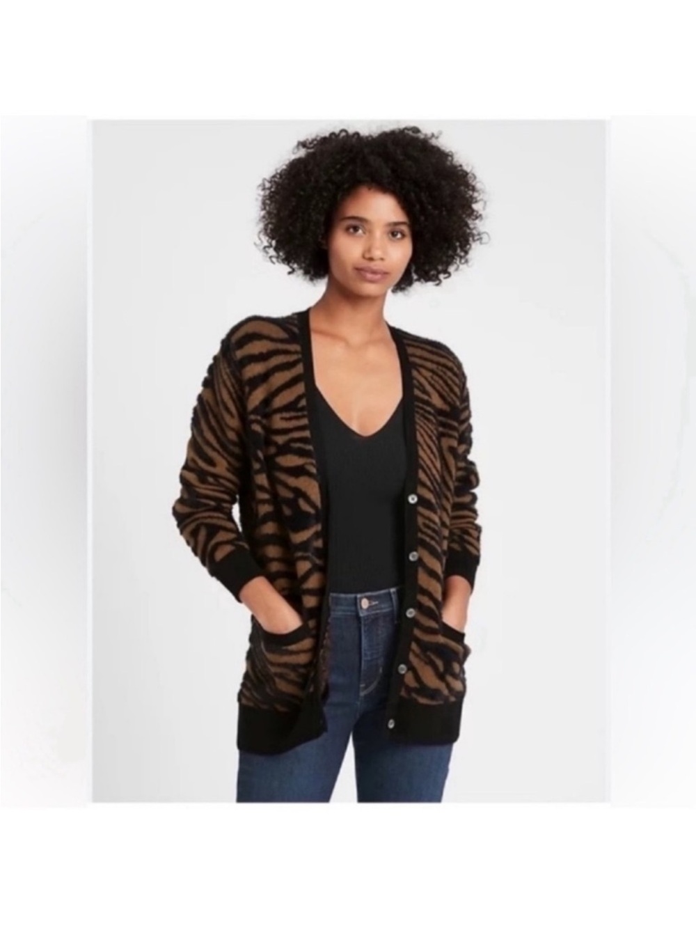 Banana Republic Animal Print Boyfriend Fuzzy Cardigan Sweater Sz S Button down